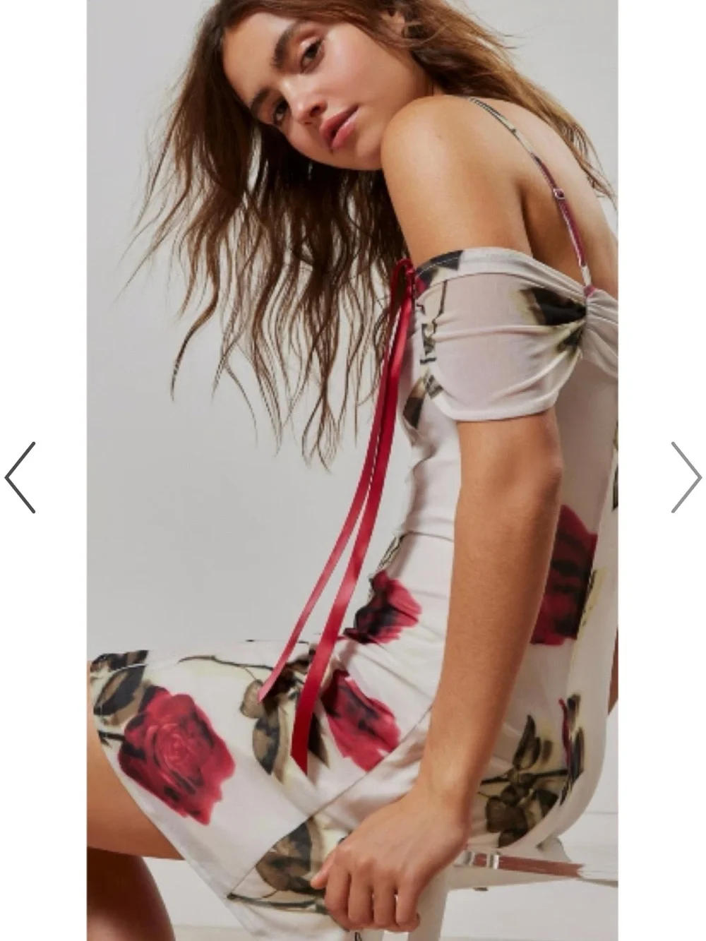 Kimchi Blue Off-Shoulder White Mini Dress with Red Rose Print and Ribbon Straps